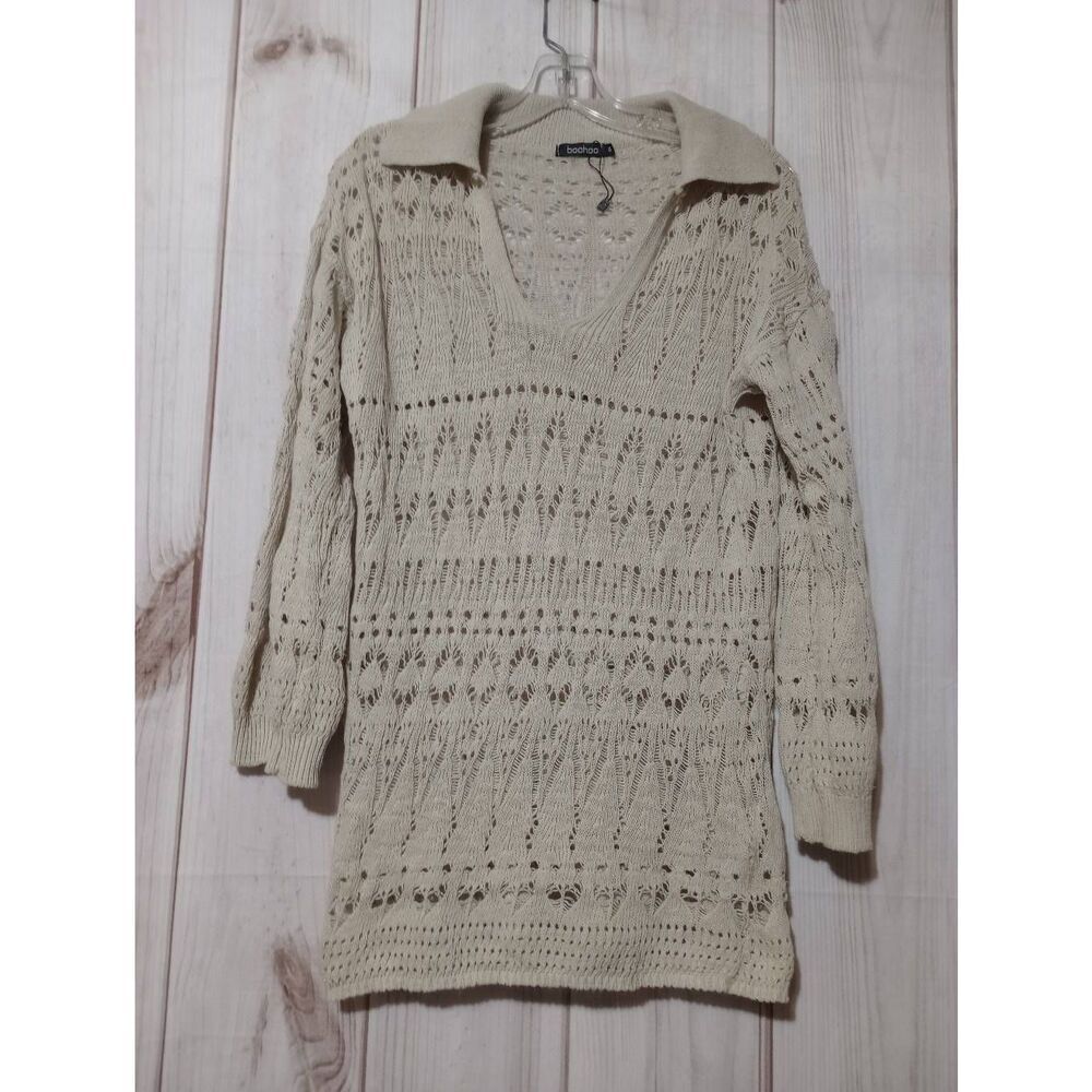 Boohoo Sweater Ladies‎ Small Ivory Open Weave VNeck